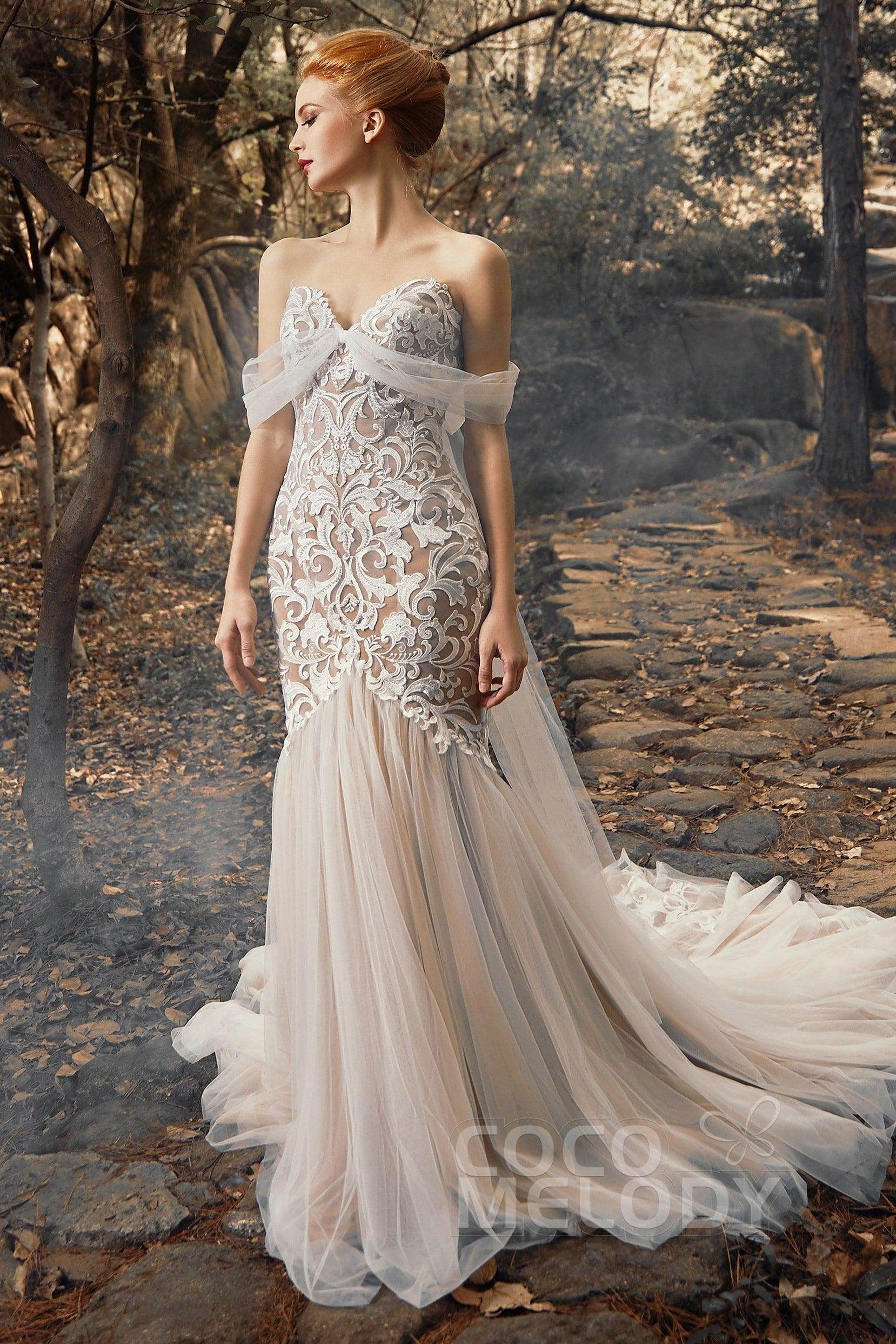 Trumpet Court Train Tulle Elastic Satin Wedding Dress CW2126 - COCOMELODY